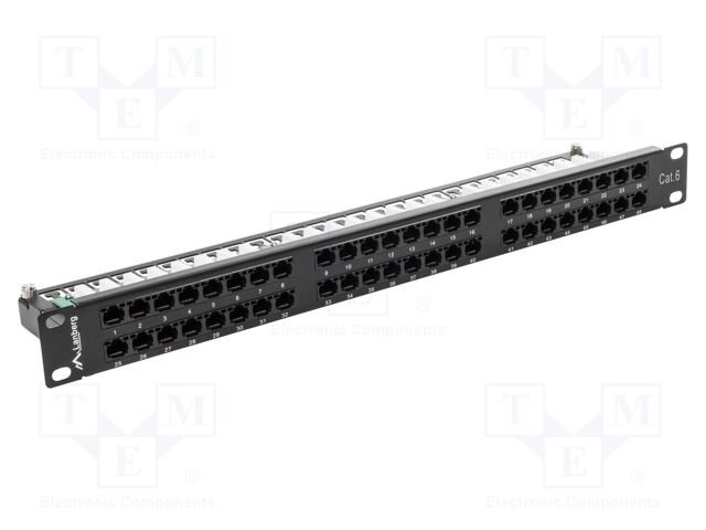Patch panel; black; Number of ports: 48; Standard: 19"; Cat: 6; RACK
