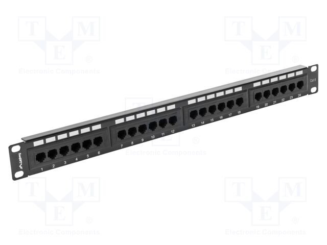 Patch panel; black; Number of ports: 24; Standard: 19"; Cat: 6; RACK
