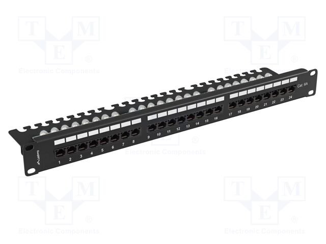 Patch panel; black; Number of ports: 24; Standard: 19"; Cat: 6a