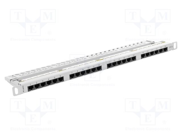 Patch panel; white; Number of ports: 24; Standard: 19"; Cat: 6; RACK
