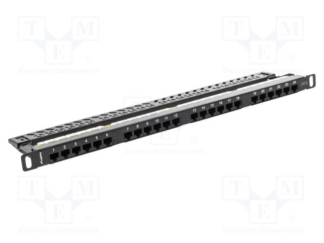Patch panel; black; Number of ports: 24; Standard: 19"; Cat: 6; RACK