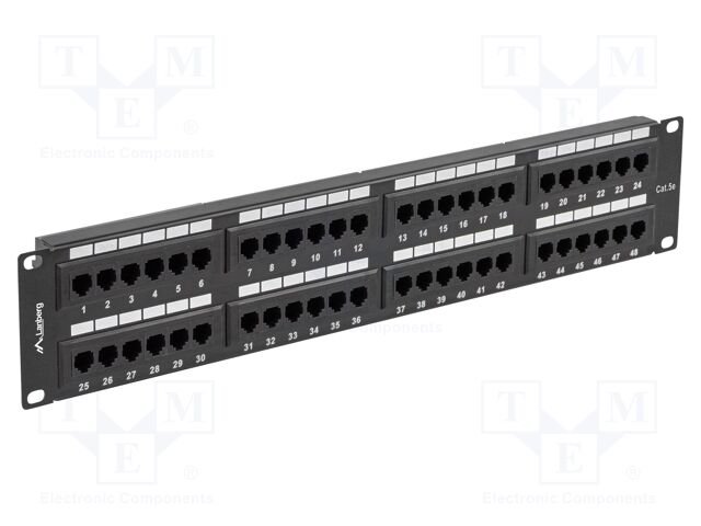 Patch panel; black; Number of ports: 48; Standard: 19"; Cat: 5e