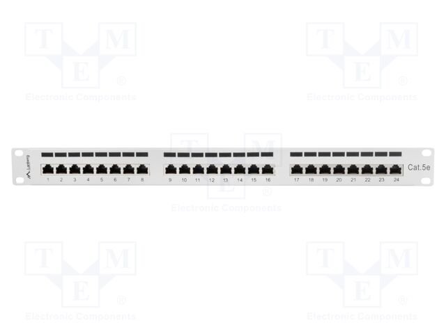 Patch panel; white; Number of ports: 24; Standard: 19"; Cat: 5e