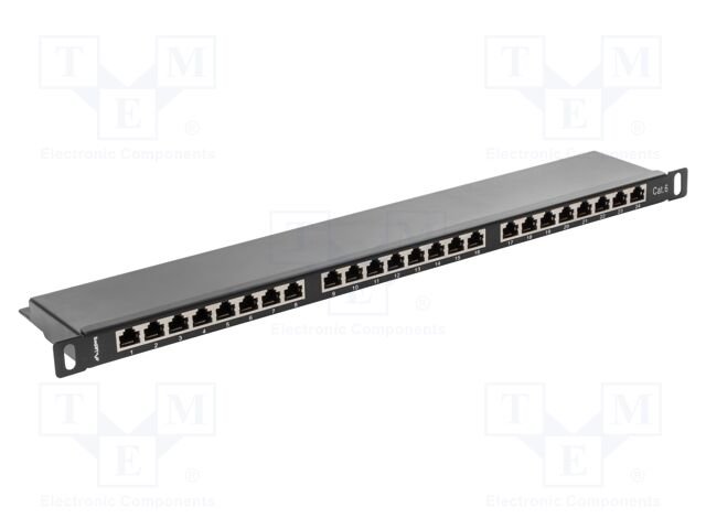 Patch panel; black; Number of ports: 24; Standard: 19"; Cat: 6; RACK