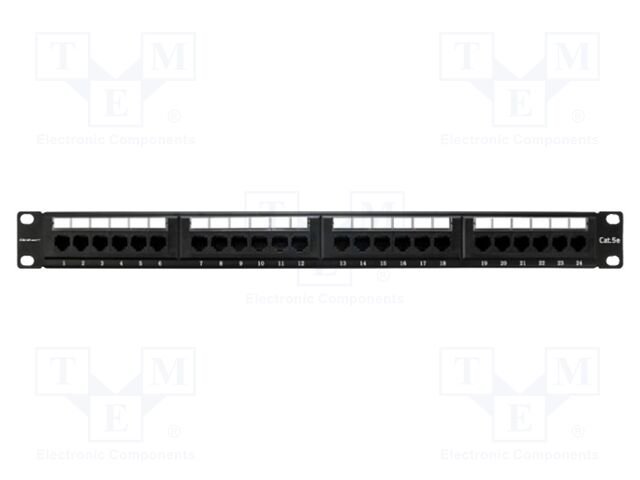 Patch panel; black; Number of ports: 24; Cat: 5e; RJ45 socket x24