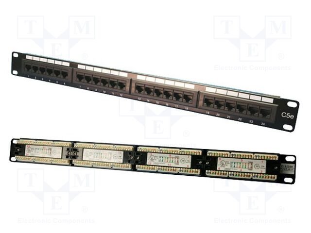 Patch panel; black; Number of ports: 24; Cat: 5e; RJ45 socket x24