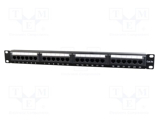 Patch panel; black; Number of ports: 24; Standard: 19"; Cat: 5e