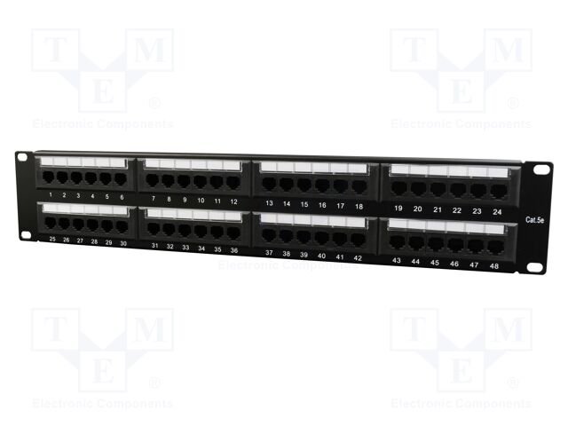 Patch panel; black; Number of ports: 48; Standard: 19"; Cat: 5e
