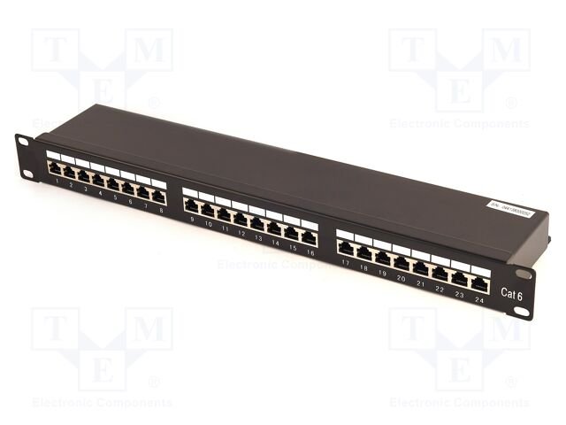 Patch panel; black; Number of ports: 24; Standard: 19"; Cat: 6; RACK