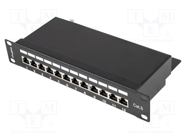 Patch panel; black; Number of ports: 12; Standard: 10"; Cat: 6; RACK