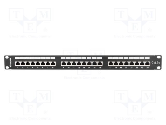 Patch panel; black; Number of ports: 24; Standard: 19"; Cat: 5e