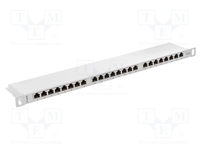 Patch panel; white; Number of ports: 24; Standard: 19"; Cat: 6; RACK