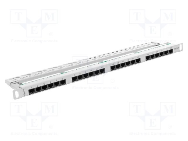 Patch panel; white; Number of ports: 24; Standard: 19"; Cat: 5e