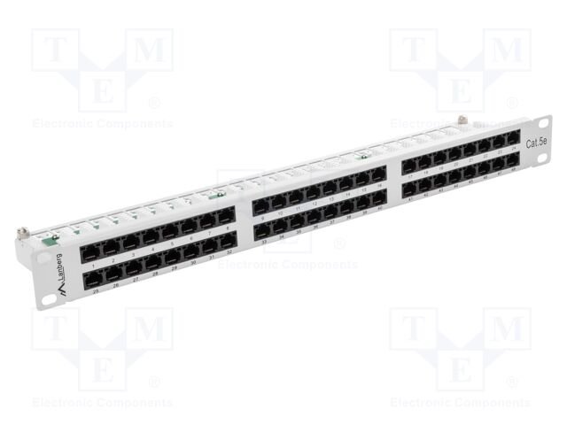 Patch panel; white; Number of ports: 48; Standard: 19"; Cat: 5e