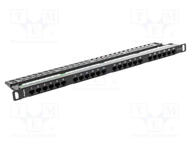 Patch panel; black; Number of ports: 24; Standard: 19"; Cat: 5e