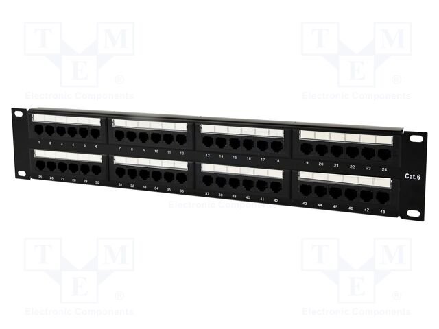 Patch panel; black; Number of ports: 48; Standard: 19"; Cat: 6; RACK