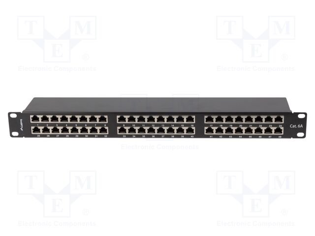 Patch panel; black; Number of ports: 48; Standard: 19"; Cat: 6a